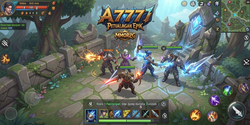 Tangkapan layar A7777 menampilkan pertarungan epik di dunia MMORPG.