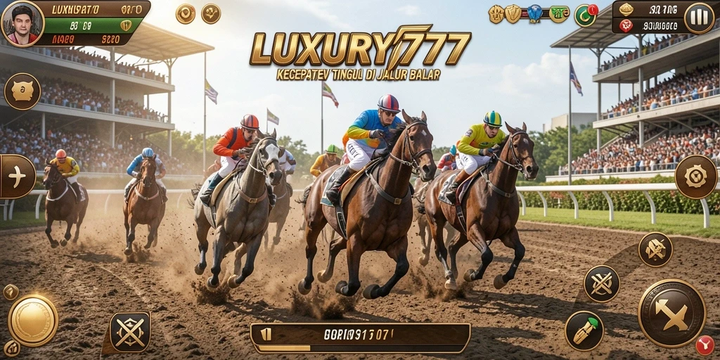 Screenshot gameplay LUXURY777 yang menunjukkan balapan seru di lintasan.