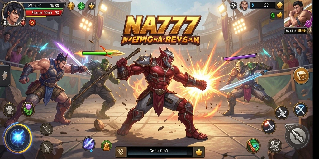 Screenshot gameplay NA777 menunjukkan karakter bertarung di arena yang mendebarkan.