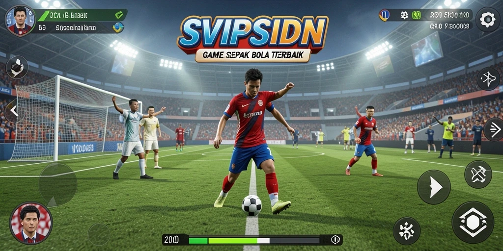 Screenshot utama SVIPSIDN menampilkan aksi seru dalam pertandingan sepak bola.